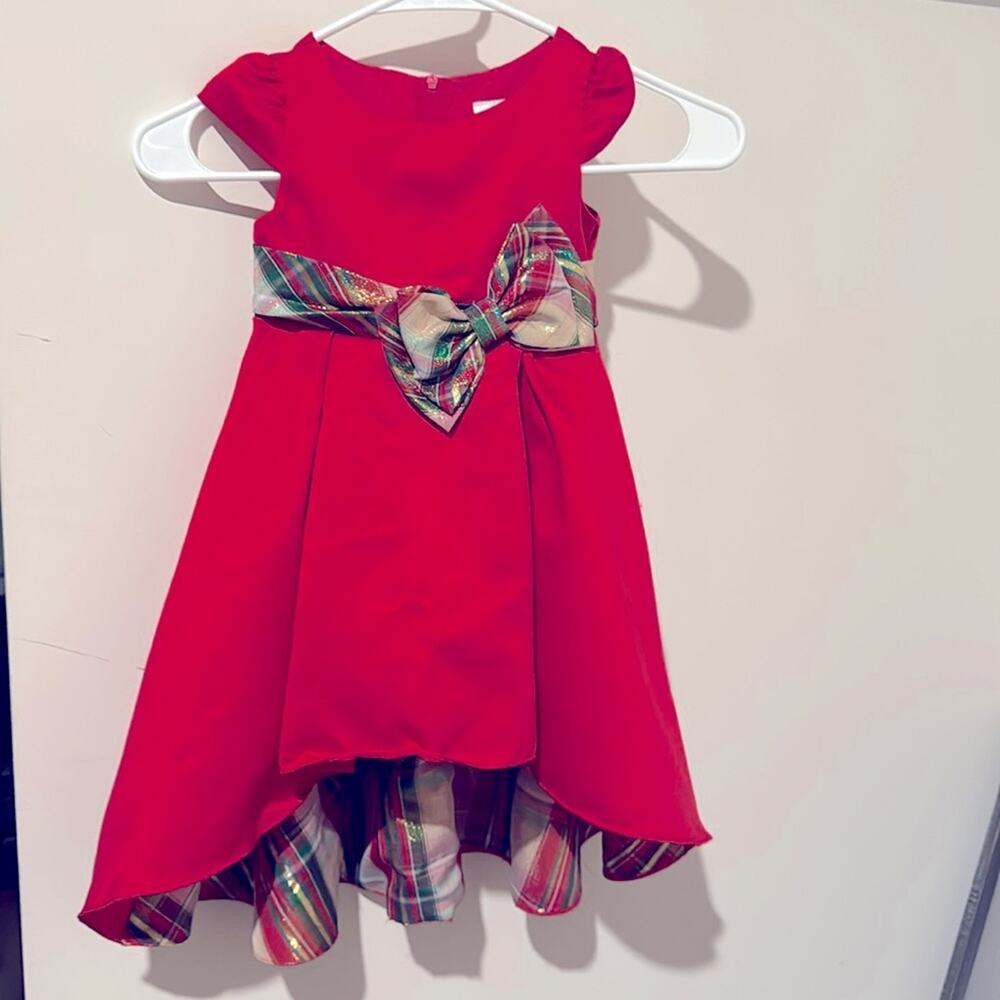 RARE EDITIONS Satin Dress Little Girls 2T Red Plaid Waistband & Bow Zip Closure